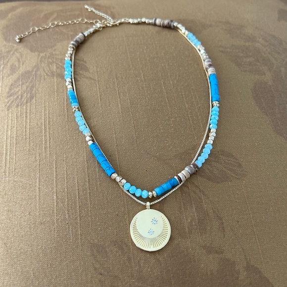 Moon and Stars Gold Medallion Necklace with Blue Gold Beaded Necklace Set- New - Picture 3 of 9